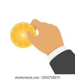 Citrus fruit in hand. Orange slice isolated on white background. Fresh food or vitamin concept. 