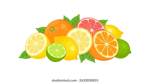 Citrus fruit heap isolated on white background. Vector cartoon flat illustration of lime, lemon, orange and grapefruit.