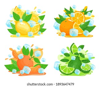 Citrus fruit with ice cubes vector illustration set. Cartoon flat ripe whole sliced citrus fruits, splash of juice and falling ice cubes collection of lemon orange lime tangerine isolated on white