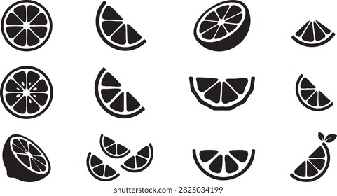 Citrus fruit icon set with black orange and lemon slice silhouettes in varied shapes for food