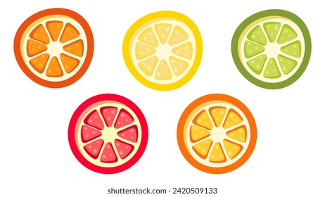 Juego de iconos de cítricos. Cortes de cítricos. Mandarín, limón, lima, pomelo, naranja. Diseño plano