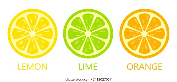 Symbole von Zitrusfrüchten, ZitronenLimette und orangefarbene Scheiben einzeln auf weißem Hintergrund