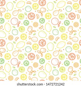 Citrus fruit icons seamless pattern vector illustration. Vibrant food wallpaper.