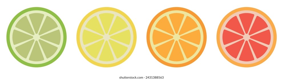 Citrus fruit icons set. Lime, lemon, orange and grapefruit slice. Collection citrus of vector icons isolated. Vector illustration