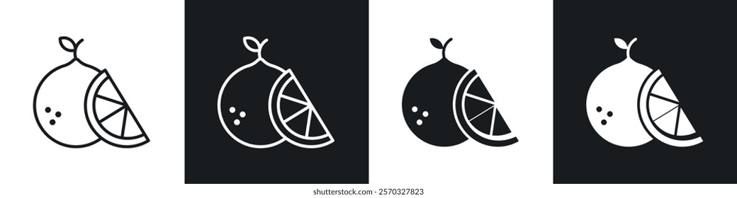 Citrus fruit icons vectors set in black. line and flat versions