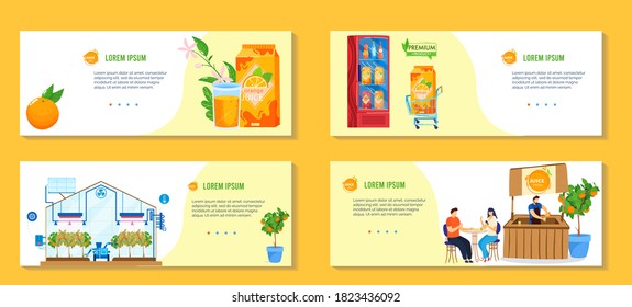 Zitrusfruchtsaftproduktion, Vektorgrafik-Set. Cartoon-Flachbanner mit modernem Gewächshaus für den orangefarbenen Bauerngarten, Saftgetränk für Lebensmittelgeschäfte, Menschen, die Saft in Bar trinken