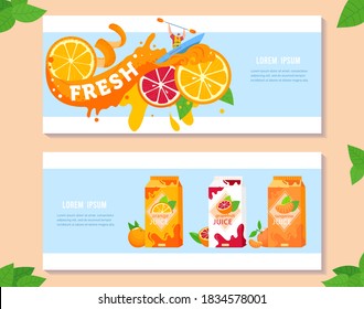 Citrus fruit juice vector illustration set. Cartoon flat summer advertising banners with orange juice splashes and waves, orange or grapefruit ripe slices, different juicy citrus drinks in packaging