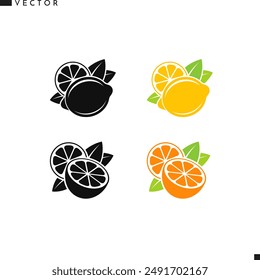 Citrus fruit with leaves icon. Isolated lemon orange and lime with leaves on white background. Natural food vector. Tropical fruit sign