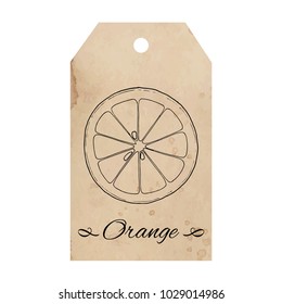 Citrus fruit lemon, orange, lime slice on vintage old paper tag background, old aged retro label for special design of packaging, product label, logo, etc. Spilled coffee stain, brown beige color.