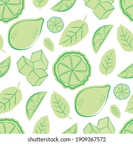 Citrus Fruit, Mint Leaves, Ice Cubes Vector Seamless Pattern Background. Retro Green White Backdrop With Line Art Style Lemons, Limes, Ice, Minty Leaves. Duotone Repeat For Summer, Cocktails, Mixology