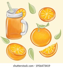 Citrus fruit. Natural orange juice in a glass. Fresh squeezed juice with cut slice. Healthy organic food.