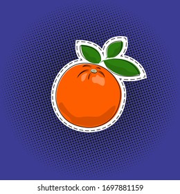 Citrus fruit orange sticker on a purple violet pop art halftone background, black dots in the form of a circle , pins or patches, retro style, vector illustration