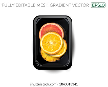 Citrus fruit and pineapple slices in a lunchbox.