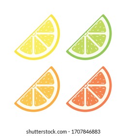 Citrus fruit quarter slice with pulp flat simple vector icon design colored set. Lemon lime orange grapefruit sign symbol illustration.