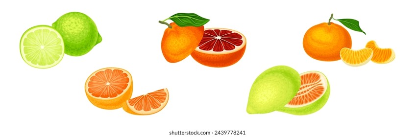 Citrus Fruit with Rind or Peel and Juicy Flesh Vector Set