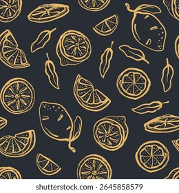 Citrus Fruit Seamless Pattern Hand Drawn Style. Tropical Fruits Ornament. Trendy Contemporary Design Perfect for Fabric, Prints, Social Media, Textile, Invitations, Fabric, Design. Vector. Not 