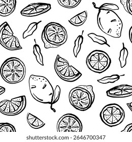 Citrus Fruit Seamless Pattern Hand Drawn Style. Tropical Fruits Ornament. Lemon Contemporary Template Perfect for Fabric, Prints, Social Media, Textile, Invitations, Fabric, Design. Vector. Not AI