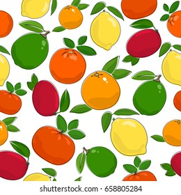 Citrus Fruit Seamless Pattern, Juicy Lemon and Lime , Sweet Mandarin with Fresh Orange, Ripe Grapefruit and Red Mango, Vector Illustration