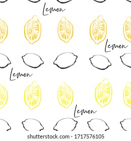 Citrus fruit seamless pattern with lemons: half and whole. Graphic vector sketch in hand drawn style with inscriptions. Fresh tropical background.