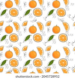 Citrus fruit seamless pattern. Pictures for printing on fabric and tshirt, beautiful bedding. Pencil drawn oranges, summer fruits. Cartoon flat vector illustration isolated on white background