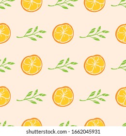 Citrus fruit seamless pattern in soft color palette. Modern, textured, block style. Vector illustration for fashion fabric, wrapping, packaging, surface design. Includes orange and branch of leaves.