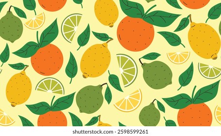 Citrus fruit seamless pattern. Summer background with oranges, lemons and limes. Modern trendy design for paper, cover, fabric. 