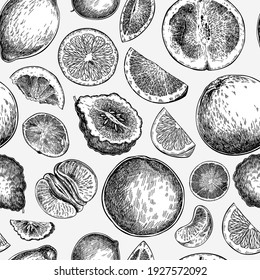 Citrus fruit set. Hand drawn orange, lemon, grapefruit, mandarin, lime, bergamot, leaves with bloosm and branches. Vector engraved seamless pattern. Restaurant branding, cosmetic package design, menu