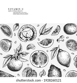 Citrus fruit set. Hand drawn orange, lemon, grapefruit, mandarin, lime, bergamot, leaves with bloosm and branches. Vector engraved composition Restaurant branding, cosmetic package design, menu