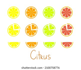 Citrus fruit set: lemon, orange, lime and grapefruit. Isolated on white background