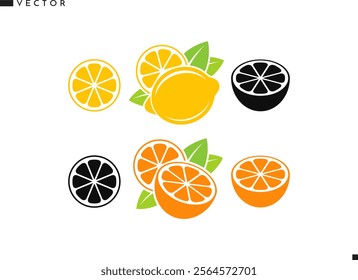 Citrus fruit silhouette. Isolated orange fruit lemon and tangerine