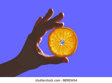 Citrus fruit slice held in hand between index and big fingers against blue sky as bright disc of orange