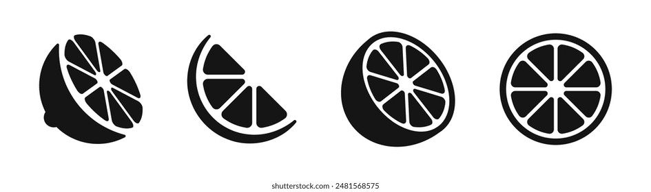 Citrus fruit slice icons. Orange slice shape set. Citrus black symbol collection. Citrus fruit whole, half and pieces silhouettes.