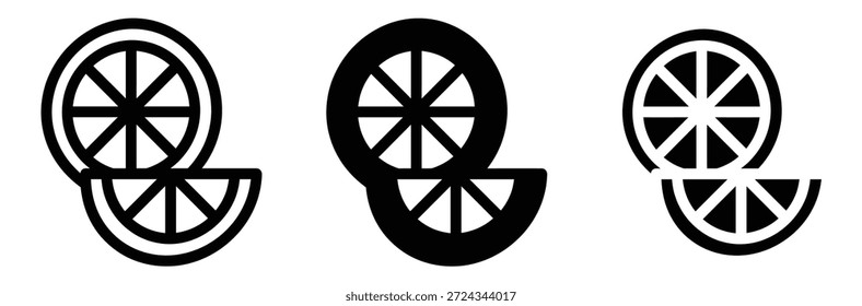 Zitrusfrüchte-Scheiben-Symbole. Orangefarbenes Slice-Formset. Schwarze Zitrussymbolsammlung. Zitrusfrüchte ganz, halb und Stücke Silhouetten. Zitrusfrüchte-Symbole in verschiedenen Stilen,