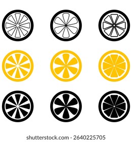 Citrus Fruit Slice Icons – Outline, Color, and Silhouette Versions. The set includes a black outline version, a vibrant yellow filled version, and a solid black silhouette. vector illustration.
