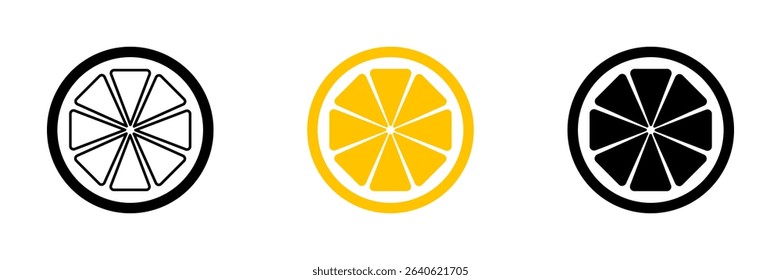 Citrus Fruit Slice Icons – Outline, Color, and Silhouette Versions. The set includes a black outline version, a vibrant yellow filled version, and a solid black silhouette.