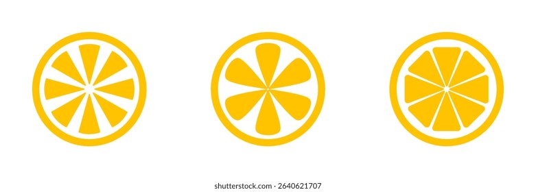 Citrus Fruit Slice Icons – Outline, Color, and Silhouette Versions. The set includes a black outline version, a vibrant yellow filled version, and a solid black silhouette.