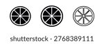 Citrus fruit slice icons set. Lemon or lime cross-section symbol. Fresh ingredient vector illustration in solid, outline, and thin line style.
