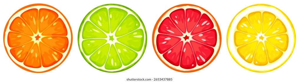 Fatias de citrinos isoladas sobre fundo branco. Rodelas de toranja, laranja, limão e cal. Conjunto de ilustrações vetoriais. Ilustração desenhada à mão, não IA