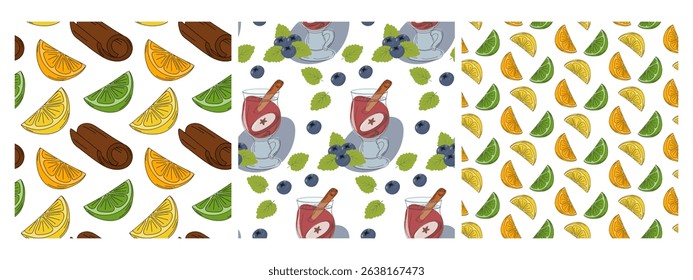 Citrus Fruit slices and Mulled wine in glass cup and blueberry Seamless Patterns Bundle Fruits fond