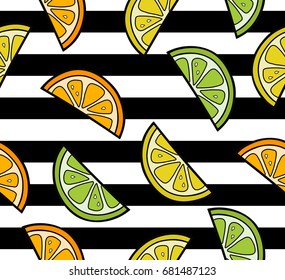 Citrus fruit slices summer seamless pattern on the striped background