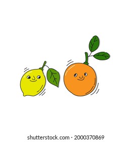 Citrus fruit with smile on white background. Cartoon sketch graphic design. Doodle style with black contour line. Cute hand drawn bottle. Party drinks concept. Freehand drawing style. Vector.
