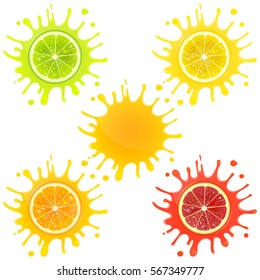 citrus fruit in splashes of juice on a white background