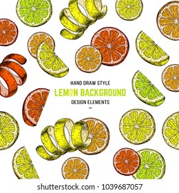 Citrus fruit vector cover. Fresh lemon sketch illustration. Lemon and orange food print for packing, label. Tropical fruit cover. Summer design.