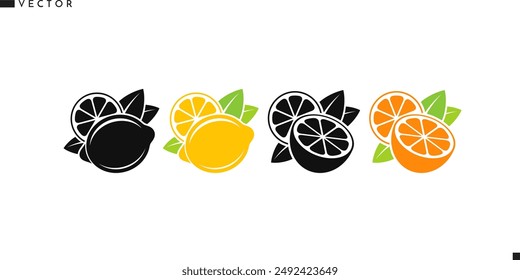 Citrus fruit vector. Lemon and orange fruit with leaves sign. Natural food icon.  Isolated fruit on white background