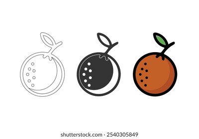 Vetor de citrinos, fruto de laranja com sinal de folhas. Ícone de comida natural. Fruta isolada sobre fundo branco Laranja abstrato, ícone vetor, design plano