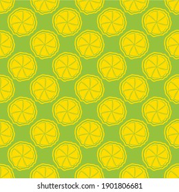 Citrus fruit vector seamless pattern background. Yellow green backdrop with slices of round lemons Geometric illustration with offset colour. All over print for food and drink concept, mixology