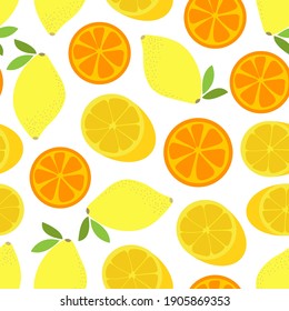 Citrus fruit vector seamless pattern. Simoy oranges and lemons in the style of flat, carton, hand draw. Appetizing healthy juicy slices. Beautiful print for fabric, dishes, surfaces