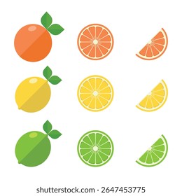 Citrus Fruit Vector Set – Orange, Lemon, and Lime Flat Icons for Healthy Food Design