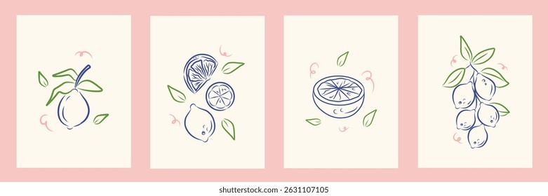 Citrus fruits abstract poster set. Contemporary print with hand drawn lemon, fruit slice, leaves. Dolce vita aesthetics. Italian summer vacation. Elegant outline design for card, banner, menu, cover.