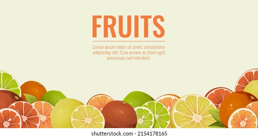 El cítrico produce fondo con espacio para el texto. Naranja, pomelo, limón, lima. Ilustración vectorial de vitaminas de verano para banner, diseño de sitios web, medios sociales